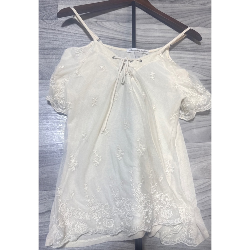 American Rag Cie Cream Embroidered Cold Shoulder Lace Up Mesh Top Large